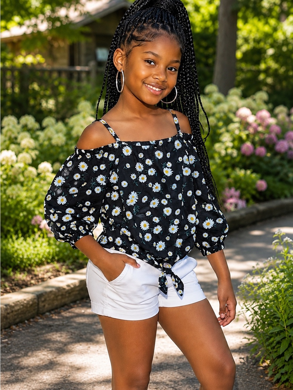 Forever 21 Girls Daisy Floral Off Shoulder Tie Front Top Black Size 11/12